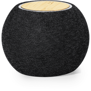 A black spherical speaker featuring a bamboo top and a textured fabric exterior. It has a logo on it.