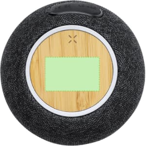A round black speaker with a wooden top surface and a logo area in the centre.