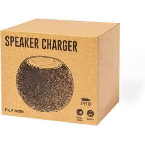 A brown cardboard box containing a speaker charger, featuring a sketch of the product on the front.