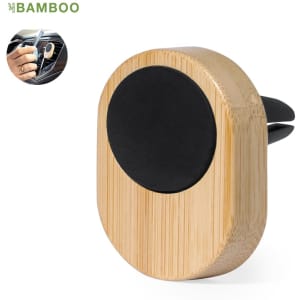 A bamboo car phone holder featuring a black magnetic surface. Includes a clip for secure attachment to vents.