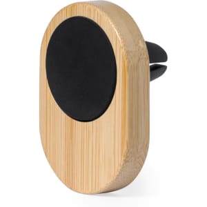 A bamboo phone holder featuring a black rubber grip, designed for car vents and sleek in design.