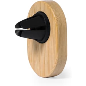 A bamboo car phone holder featuring a black clamping mechanism. The design is sleek and compact.