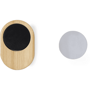 A bamboo phone holder with a black circular base and a separate circular metal plate.