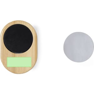 A bamboo car phone holder with a black circular top and a silver disc on the side. Includes a logo.
