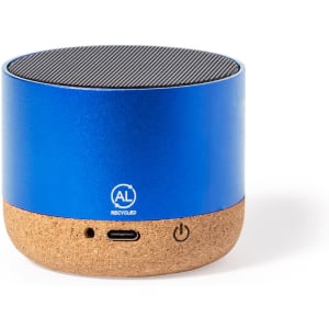 A compact blue speaker with a cork base, featuring a textured top and a logo on the side.