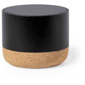 A round speaker in black with a cork base, featuring a textured top. It has a logo on the surface.
