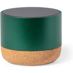 A green and cork Bluetooth speaker with a sleek design and a mesh top. It features a branding logo on the side.