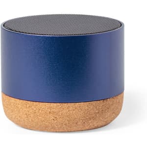 A small, round speaker with a navy blue upper section and a cork base. It features a metal speaker grille on top.