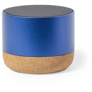 A blue speaker with a cork base, featuring a mesh top. It has a modern, cylindrical design.