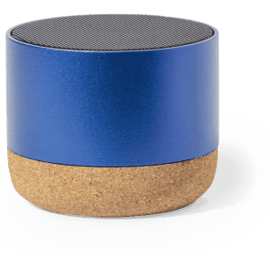 A round speaker in blue metal with a cork base, featuring a textured top grill.