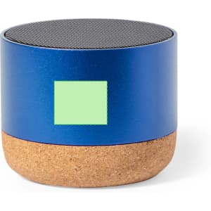 A blue metal speaker with a cork base and a logo. The top features a mesh speaker grill.