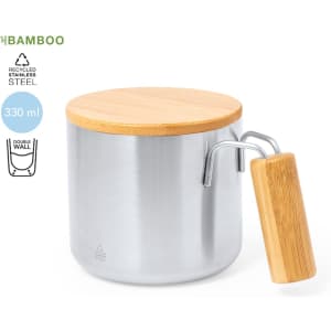 A drink container with a stainless steel body, bamboo lid, and handle, featuring a double wall design.