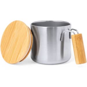 A stainless steel insulated mug with a bamboo lid and handle, featuring a sleek design.