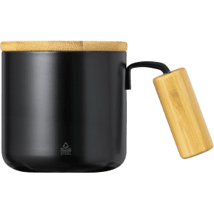 A black insulated mug with a bamboo lid and handle, featuring a sleek, modern design.