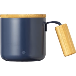 A drink mug in navy blue stainless steel with a bamboo lid and handle. Features a logo on the side.