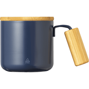 A drink mug in navy blue with a bamboo lid and handle, featuring a sleek insulated design.