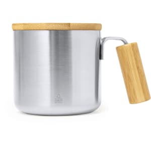 A drink mug with a stainless steel body and a bamboo lid and handle. It features a sleek and modern design.