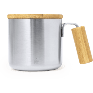 A stainless steel insulated mug with a bamboo lid and handle, featuring a sleek, modern design.