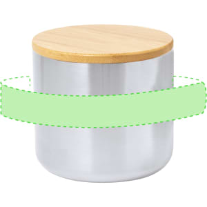 A drink bottle with a sleek stainless steel body and a bamboo lid, featuring a branding logo.
