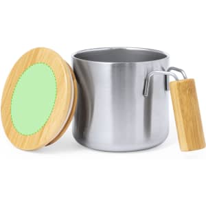 An insulated mug with a stainless steel body and a bamboo lid featuring a handle.