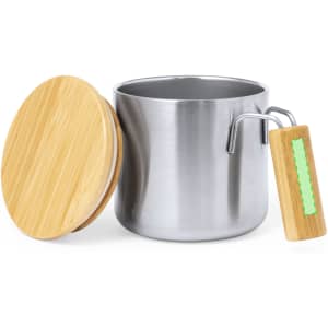 An insulated silver mug with a bamboo lid and handle, featuring a sleek, modern design.