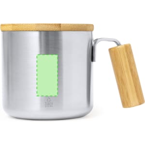 A stainless steel insulated mug with a bamboo lid and handle, featuring a logo on the front.