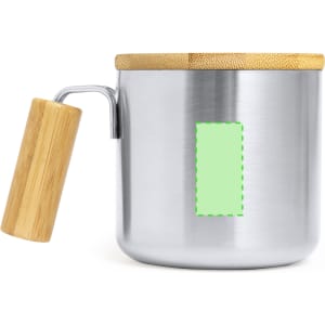 A drink mug featuring a stainless steel body, bamboo lid, and wooden handle, in a sleek design.