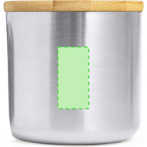 A drink mug with a stainless steel body and a light bamboo lid, featuring a green area for branding.