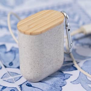 A charging cable with a speckled grey body and a bamboo top, featuring a metal carabiner for attachment.