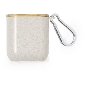 A beige charging cable holder with a bamboo lid and a silver carabiner clip for easy attachment.