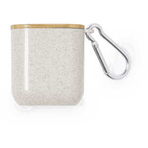 A white speckled charging cable with a bamboo accent and a metal carabiner attached.