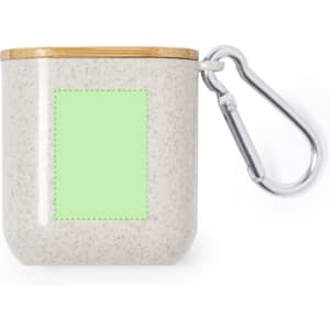 A charging cable case in a speckled grey colour with a bamboo lid and a carabiner clip. It features a blank area for customisation.