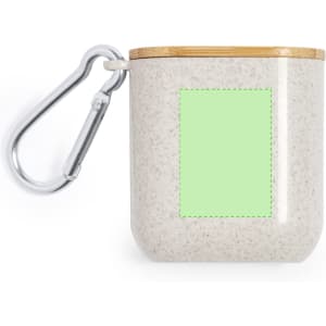 A charging cable holder in a light grey colour with a bamboo lid and a silver carabiner attachment.