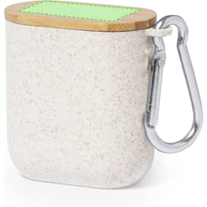A charging cable holder in white with a bamboo top and a silver carabiner attachment.