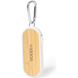 A charging cable with a bamboo design, featuring a white casing and a carabiner clip for attachment.