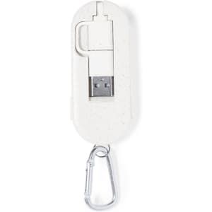 A white charging cable with a USB connector, secured in a protective case featuring a carabiner.