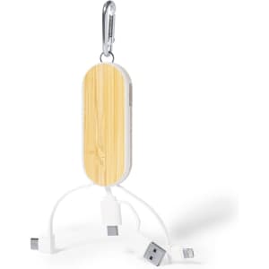A bamboo charging cable with three connectors and a carabiner clip for easy attachment, featuring white cables.
