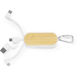 A charging cable with a bamboo centre and three detachable connectors in white, featuring a carabiner for easy attachment.