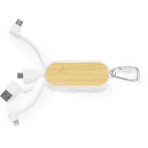A charging cable with a bamboo body, featuring multiple connectors and a carabiner for attachment.