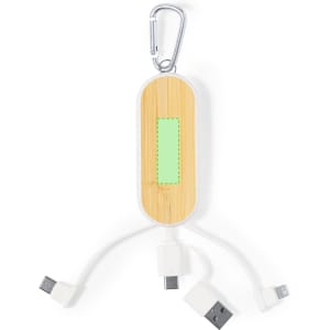 A charging cable with a bamboo body and three white connectors, attached to a carabiner for easy carrying.