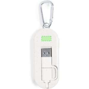 A white charging cable with a USB connector, enclosed in a compact case with a metal carabiner.