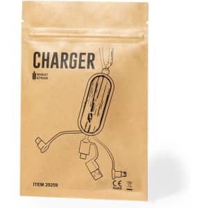 A charging cable in a wheat straw packaging, featuring multiple connector types and a logo.