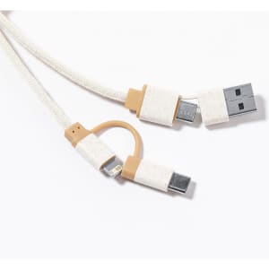 A charging cable with a braided design, featuring beige and cream components, including USB and multi-device connectors.
