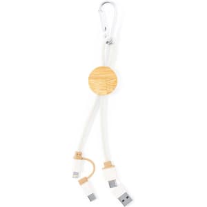 A charging cable in white with multiple connectors, attached to a wooden circular holder and a metal clip.