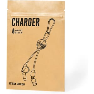 A charging cable in a brown packaging, featuring multiple connectors and a carabiner clip. The packaging has a logo.