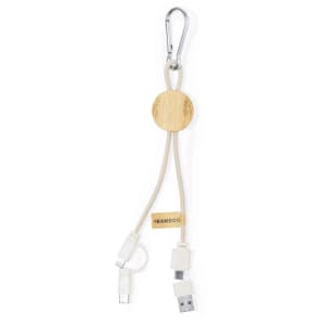 A charging cable with a wooden circular attachment and a carabiner, featuring grey and white connectors.