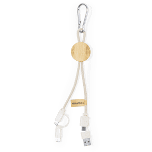 A charging cable with a bamboo accent, featuring multiple connectors and a keyring attachment for easy carrying.