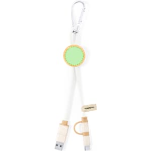 A charging cable in white and green with a carabiner clip and brown detailing, featuring USB and micro-USB connectors.