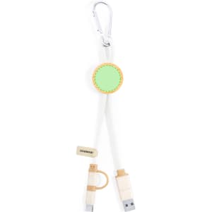 A charging cable in white with a green circular attachment and a carabiner, featuring USB and micro USB connectors.
