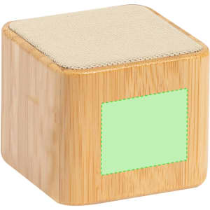 A wooden speaker with a bamboo finish and a fabric-covered top. It features a blank area for branding.